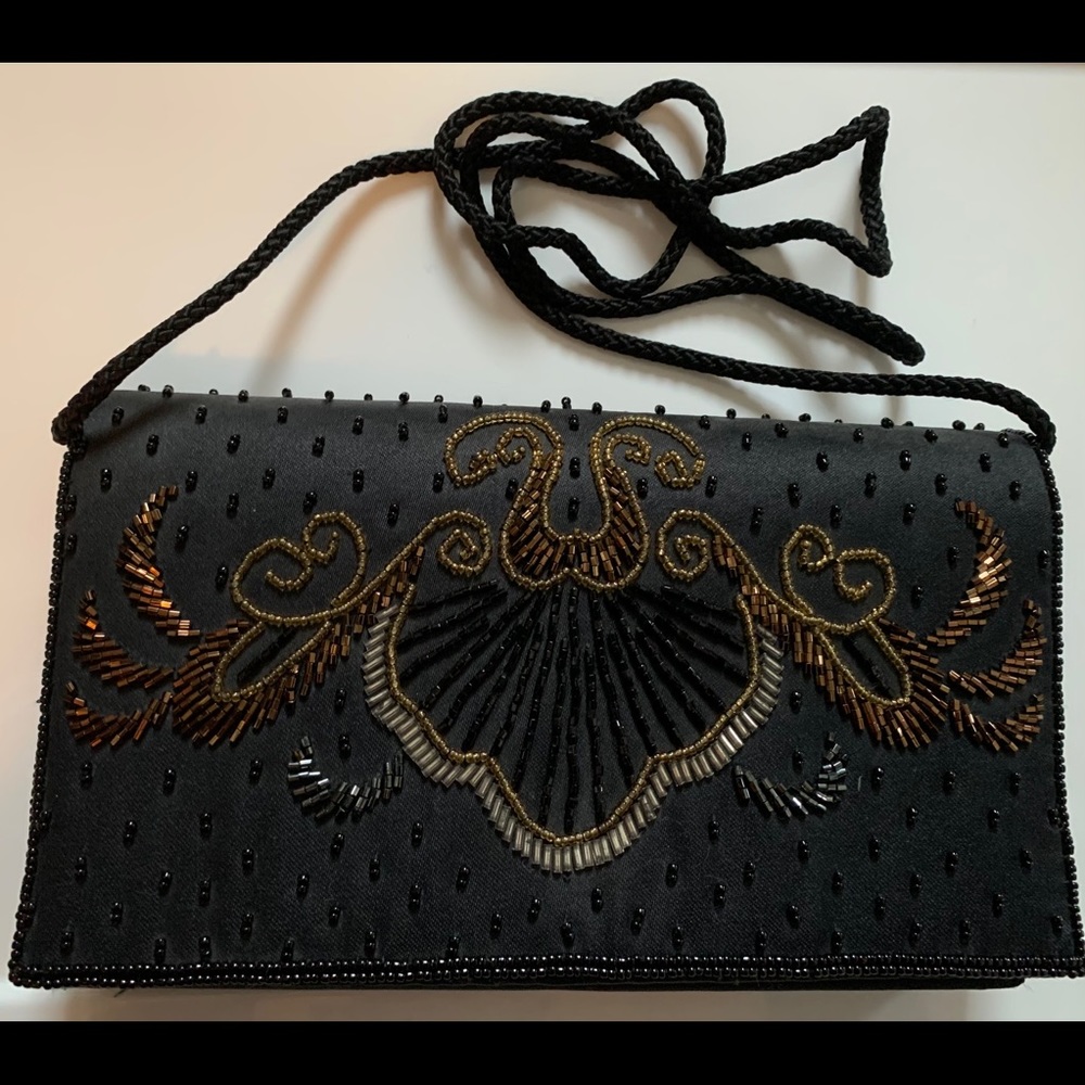 Matte Satin Beaded Clutch - Black